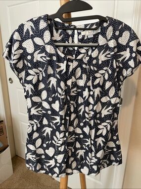 Navy and White Leaf & Bird Dot Print Blouse